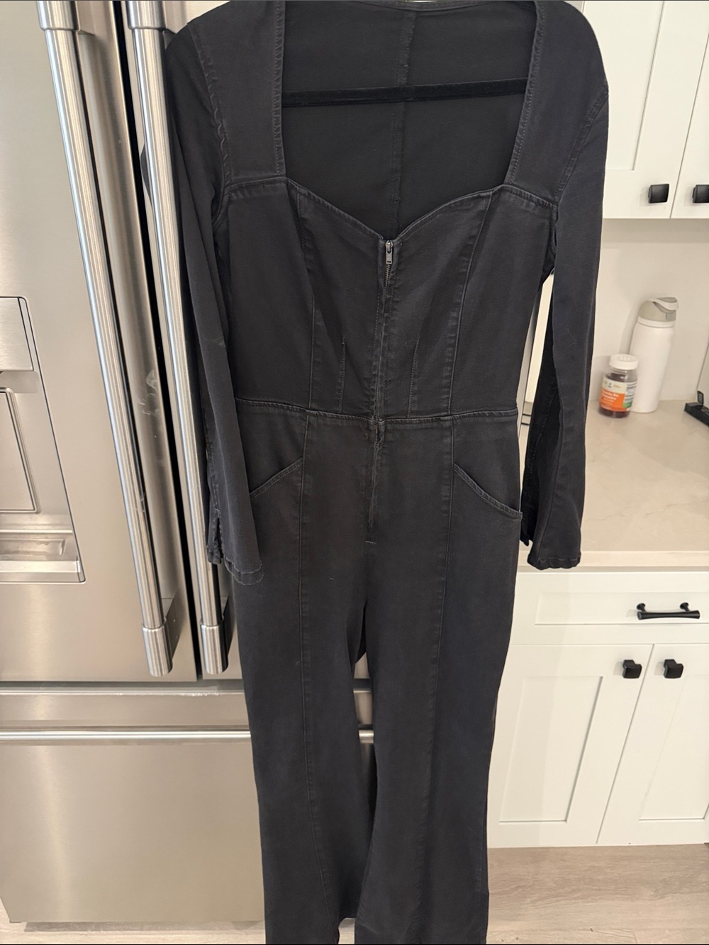 Free People Black Long-Sleeve Square-Neck Jumpsuit with Front Zip